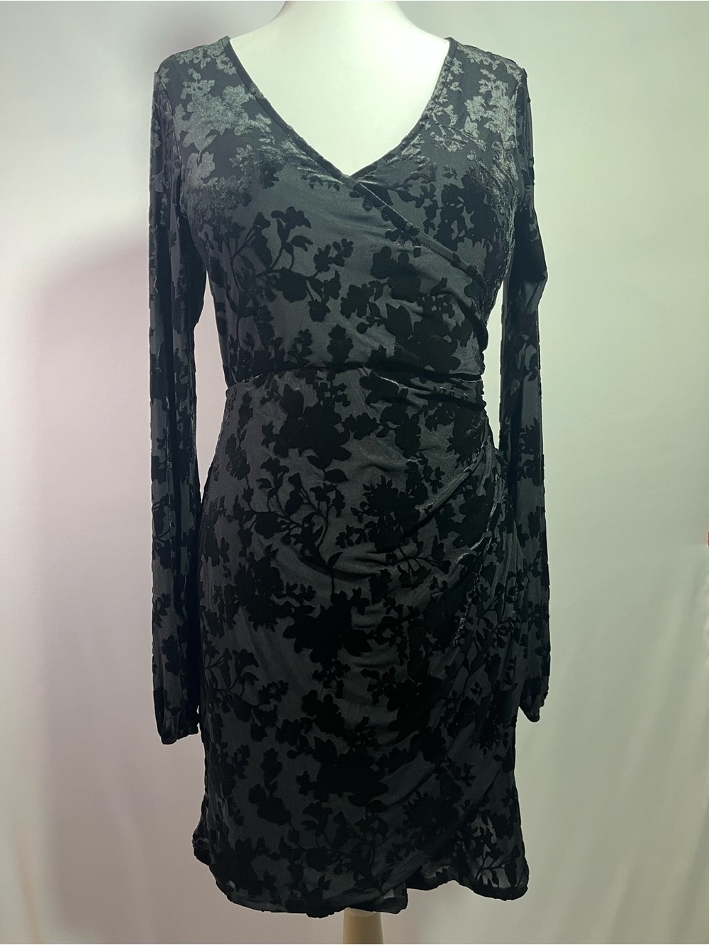 Rewind Black Floral Burnout Velvet Wrap Dress